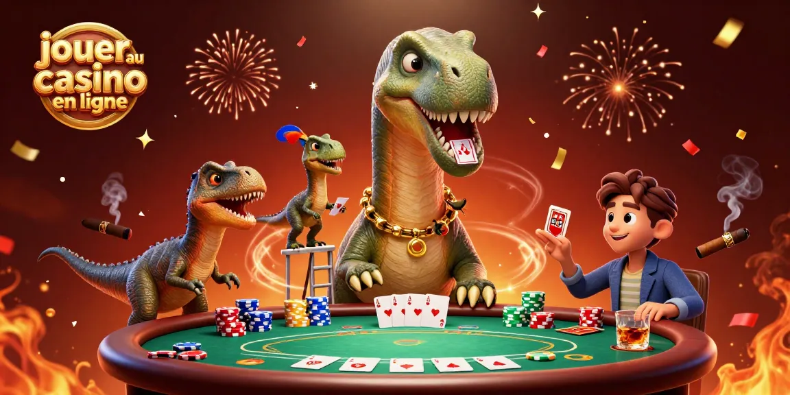 Jouer au casino en ligne avec une scène animée où un brontosaurus domine un jeu de poker unique.