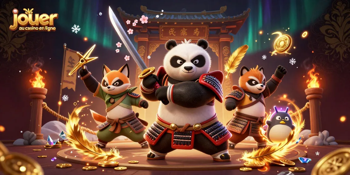 jouer au casino en ligne avec un panda samouraï et un renard ninja dans une scène dynamique remplie d'éléments de jeu