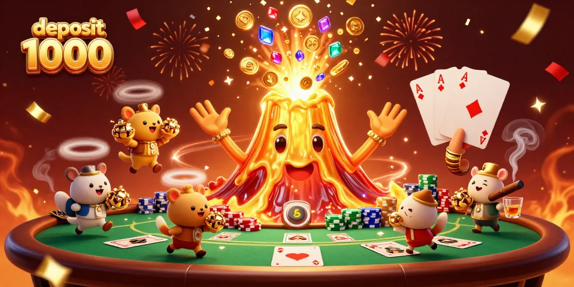 Experience thrilling wins with deposit 1000 as cartoon volcano erupts coins in a vibrant casino scene.