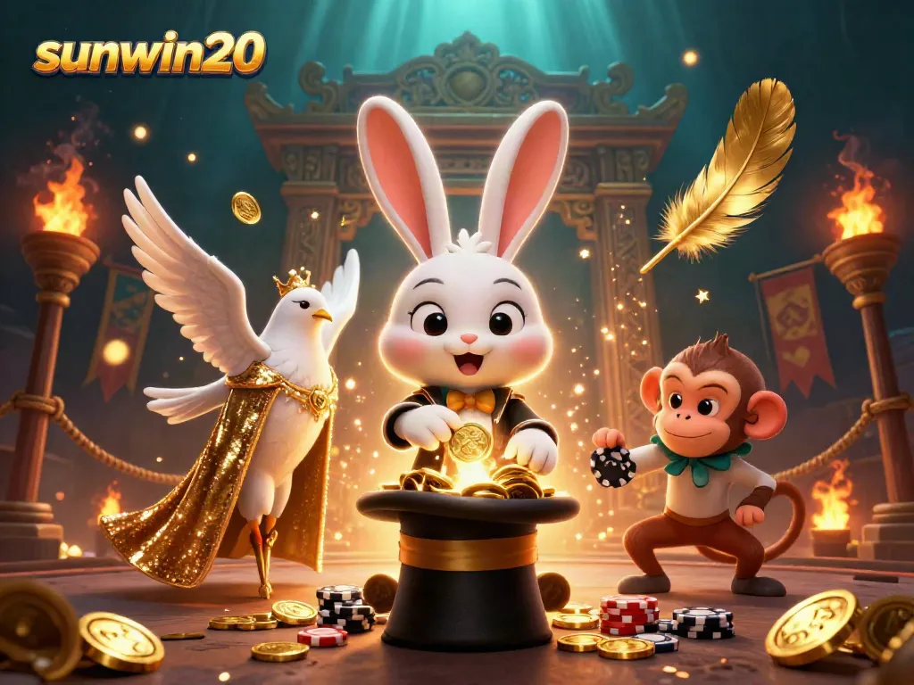 Experience the magic of sunwin20 with a whimsical 3D casino scene featuring a magician rabbit and friends.