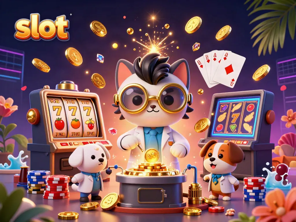 Spin the slot reels with joy and excitement as golden coins cascade in this vibrant casino scene.