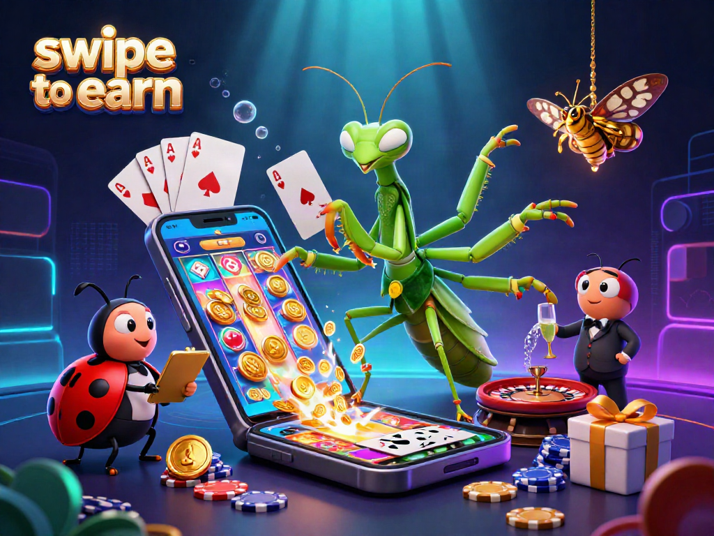 Swipe to earn by engaging in vibrant casino games with dynamic 3D characters and vivid elements.