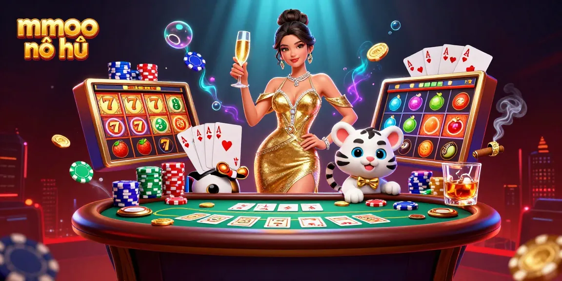 Feel the excitement of mmoo nổ hũ with dynamic slot elements, poker, and vibrant 3D characters.