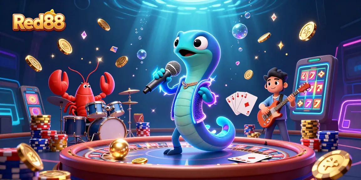 Engage with Red88's thrilling underwater casino experience with an electric eel DJ and vibrant gaming elements.