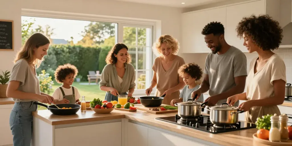 CookWare Price in Bangladesh showcased in a vibrant kitchen scene with family cooking together.