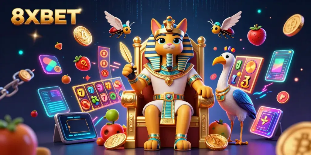Experience thrilling games at 8XBET, featuring a dynamic fusion of vibrant slot reels and a colorful Egyptian-themed scene.