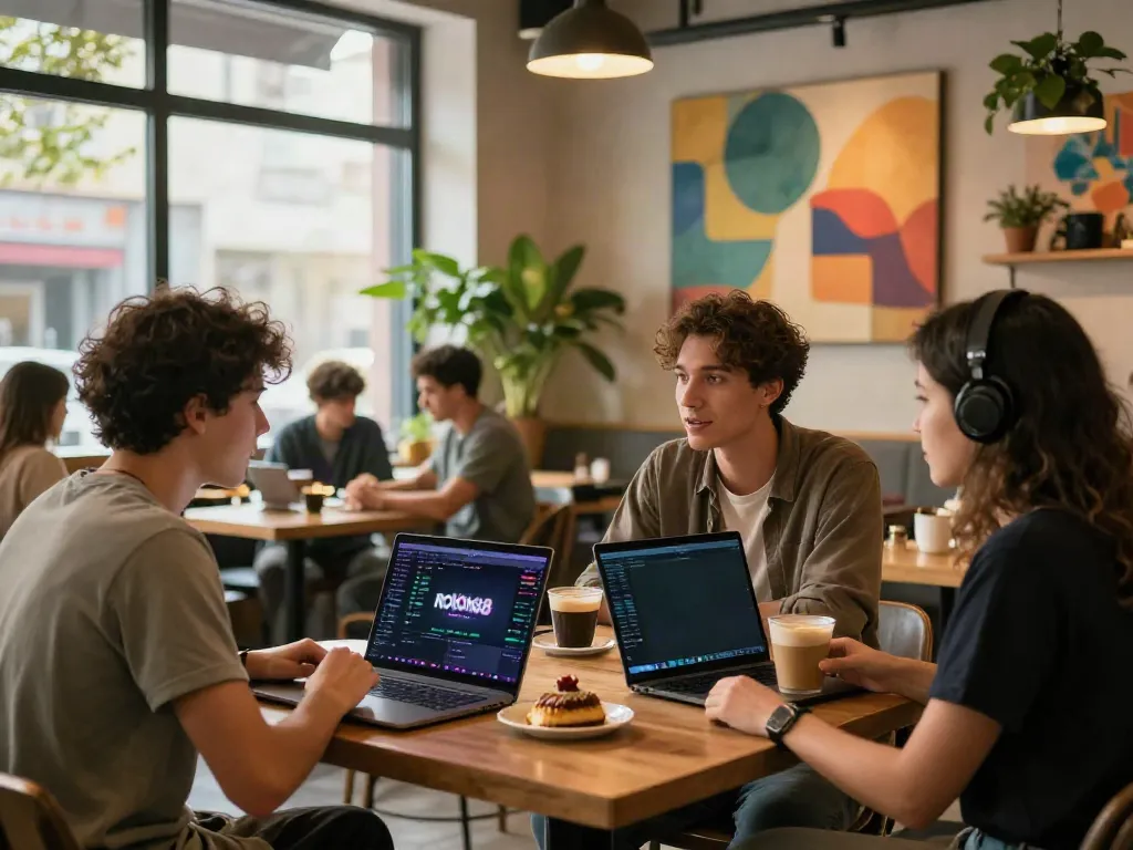 Friends chatting at café about rokok88 gaming platform, laptops and pastries around.