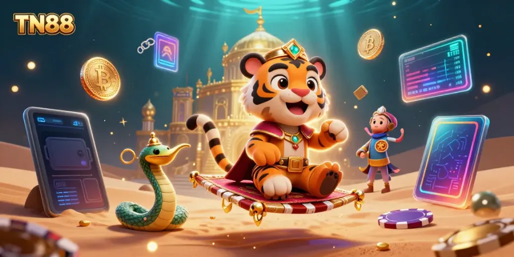 Enhance your gameplay with the vibrant TN88 casino scene featuring a tiger sultan and crypto elements.