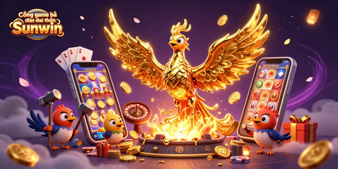 Cổng game bài đổi thưởng Sunwin showcases a stunning golden phoenix surrounded by casino elements, inviting players for an exciting gaming experience.