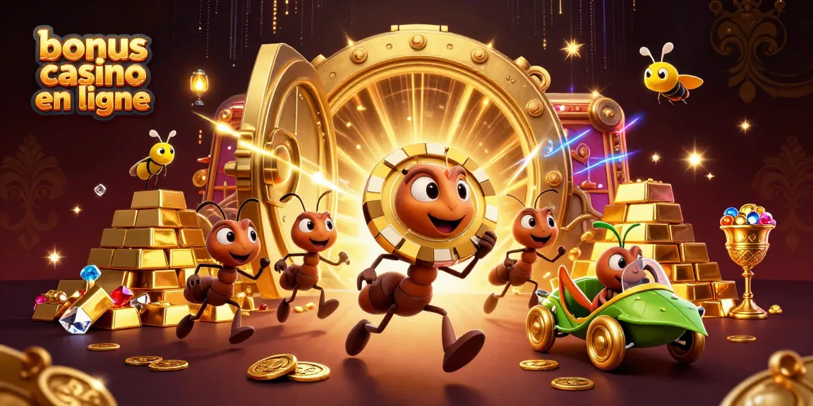 Profitez du bonus casino en ligne avec une illustration dynamique des fourmis en pleine action.