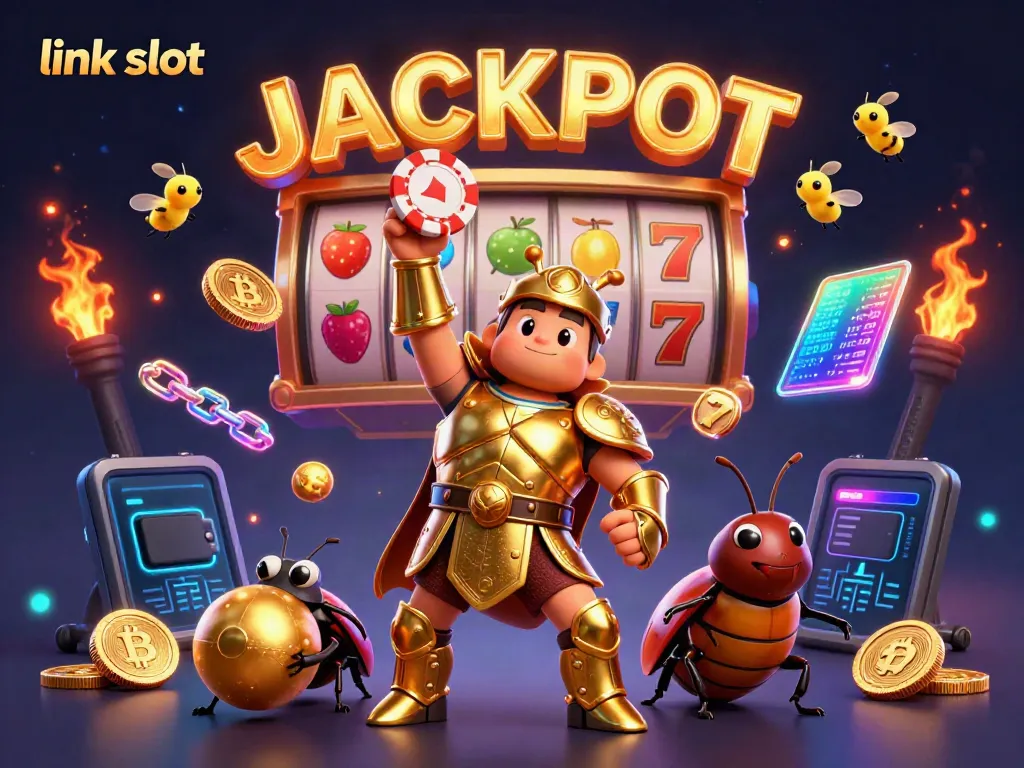 Experience thrilling moments with link slot in this vibrant 3D scene featuring colorful slot symbols and winning characters.
