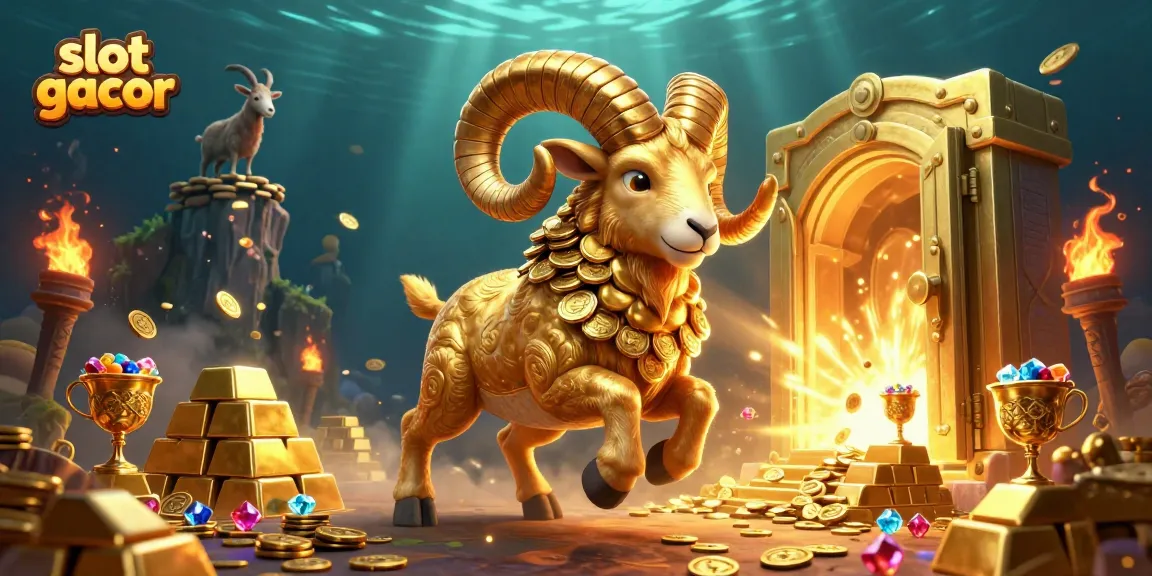 Experience slot gacor wins with a golden ram charging through treasure in a dynamic casino scene.