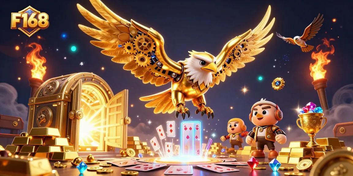 F168 showcases a dynamic 3D casino scene with a golden eagle amidst playing cards and treasures.