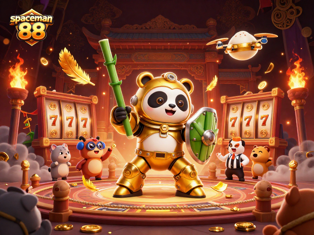 Experience the thrill of spaceman 88 slots in a vibrant 3D casino battle arena.