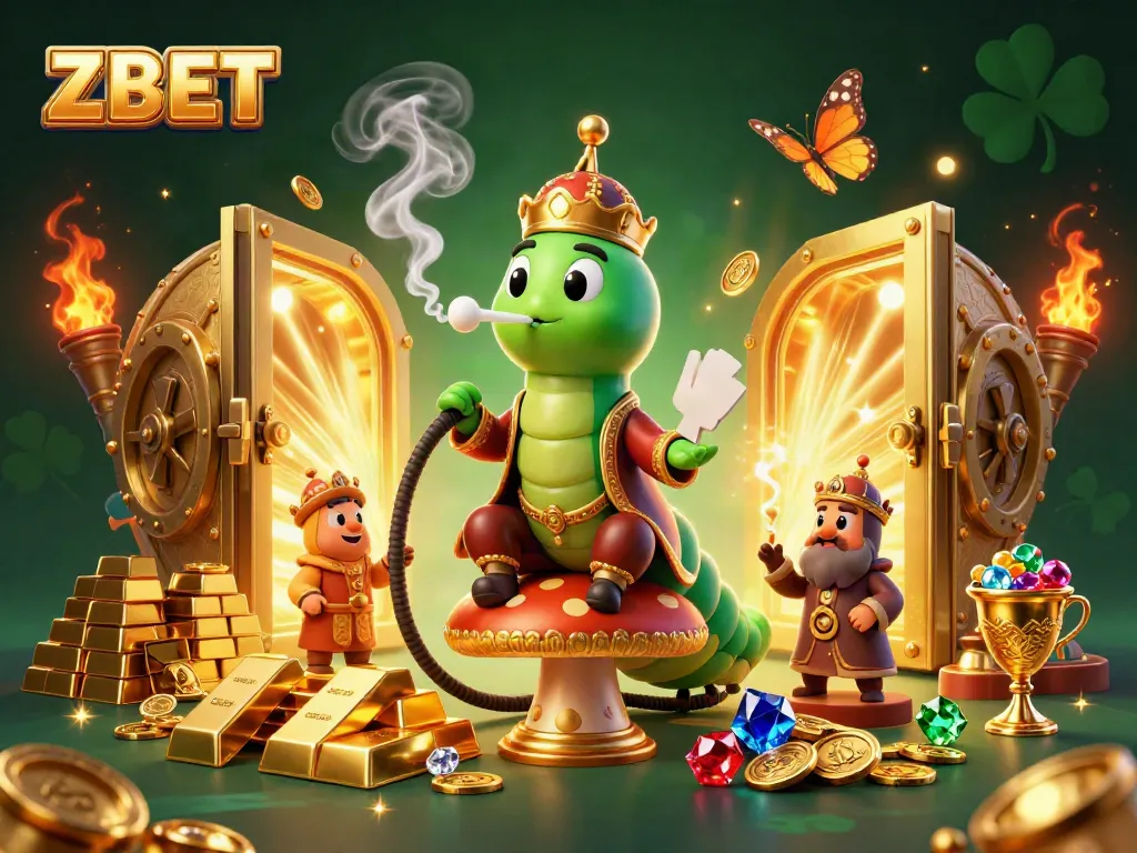 Experience ZBET with a vibrant casino scene featuring a caterpillar hookah-master and treasure elements.