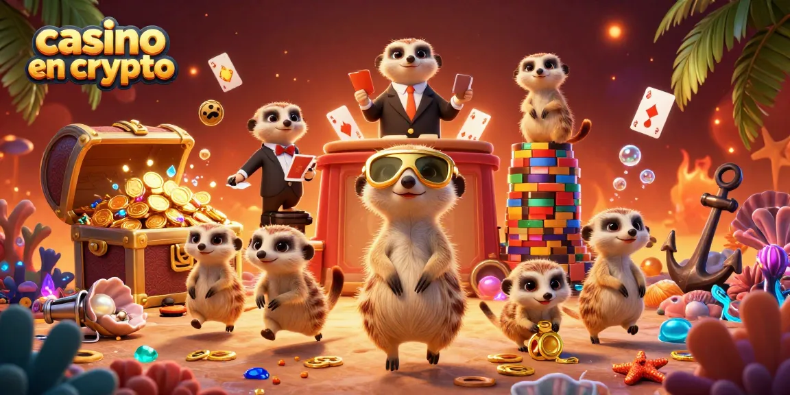 Une illustration de meerkats gérant un casino en crypto avec des pièces d'or et des éléments marins.