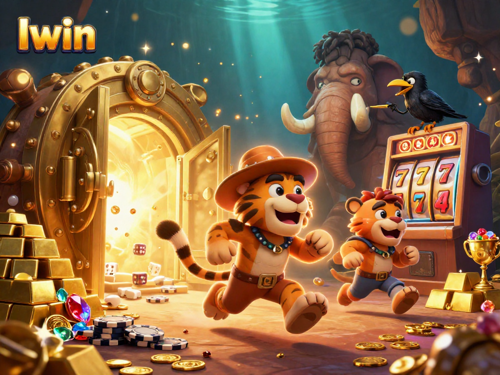 Iwin reveals excitement in a rich, animated casino scene with prehistoric characters and slot machines.