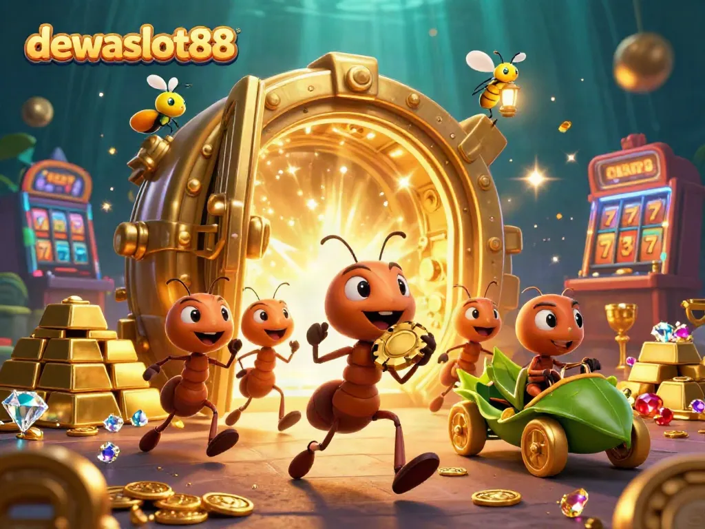 Semut membawa chip poker emas sembari melintasi slot video dalam ilustrasi dewaslot88 yang penuh warna.