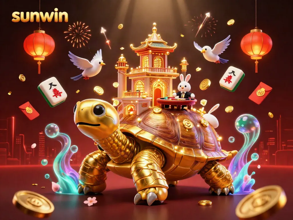 Play with sunwin in an exciting casino scene featuring a giant tortoise and rabbit dealer.