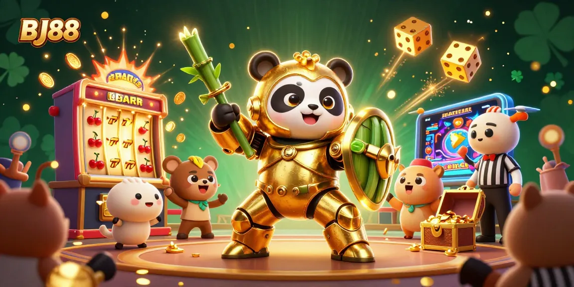 Win big at BJ88 with a dazzling casino scene featuring a golden panda in a mech-suit amidst joyous animal spectators.