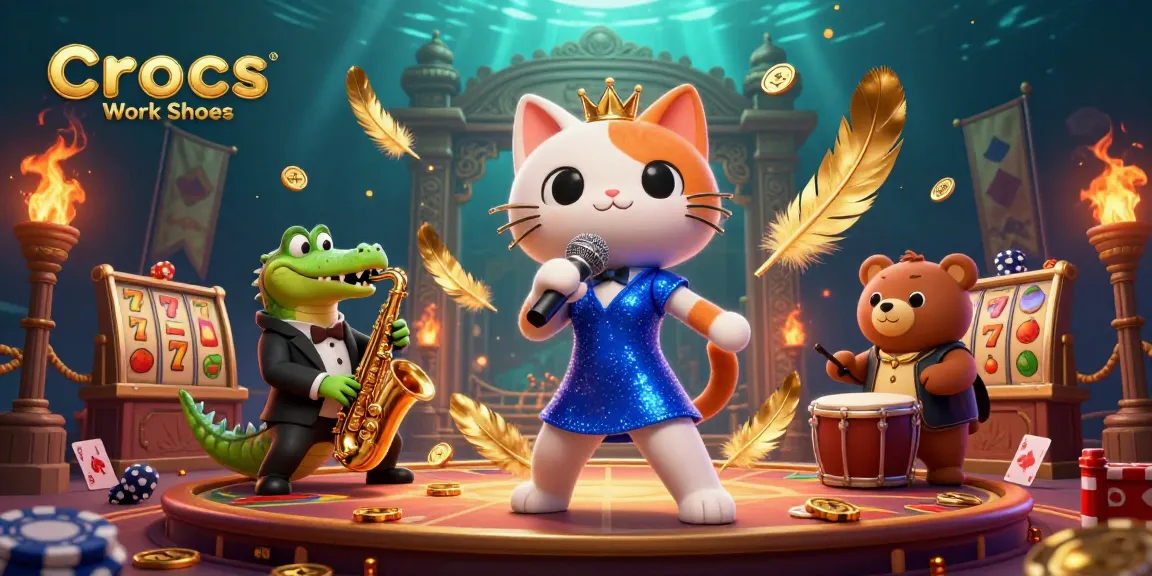 Crocs Work Shoes showcase vibrant casino scene with a jazz-singer cat, crocodile, and bear in action.