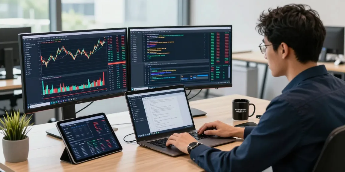 Dynamic workspace highlighting algorithmic gold trading API analysis with dual monitors showing fluctuating charts amid a modern office.
