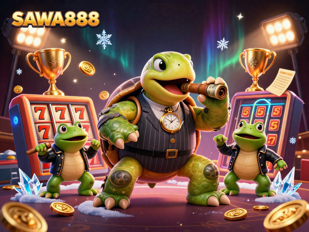 Experience exciting slot action with SAWA888's vibrant 3D casino scene featuring dynamic characters and animations.