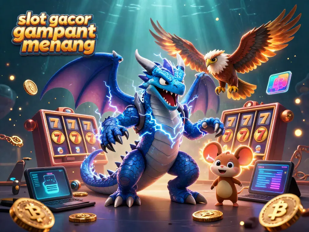 Experience slot gacor gampang menang with dynamic 3D illustration showcasing thrilling slots, dragons, and crypto elements.