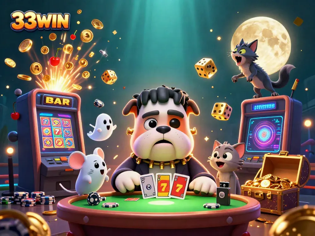 Experience thrilling gaming action at 33WIN with vivid characters like the bulldog dealer and werewolf kitten.