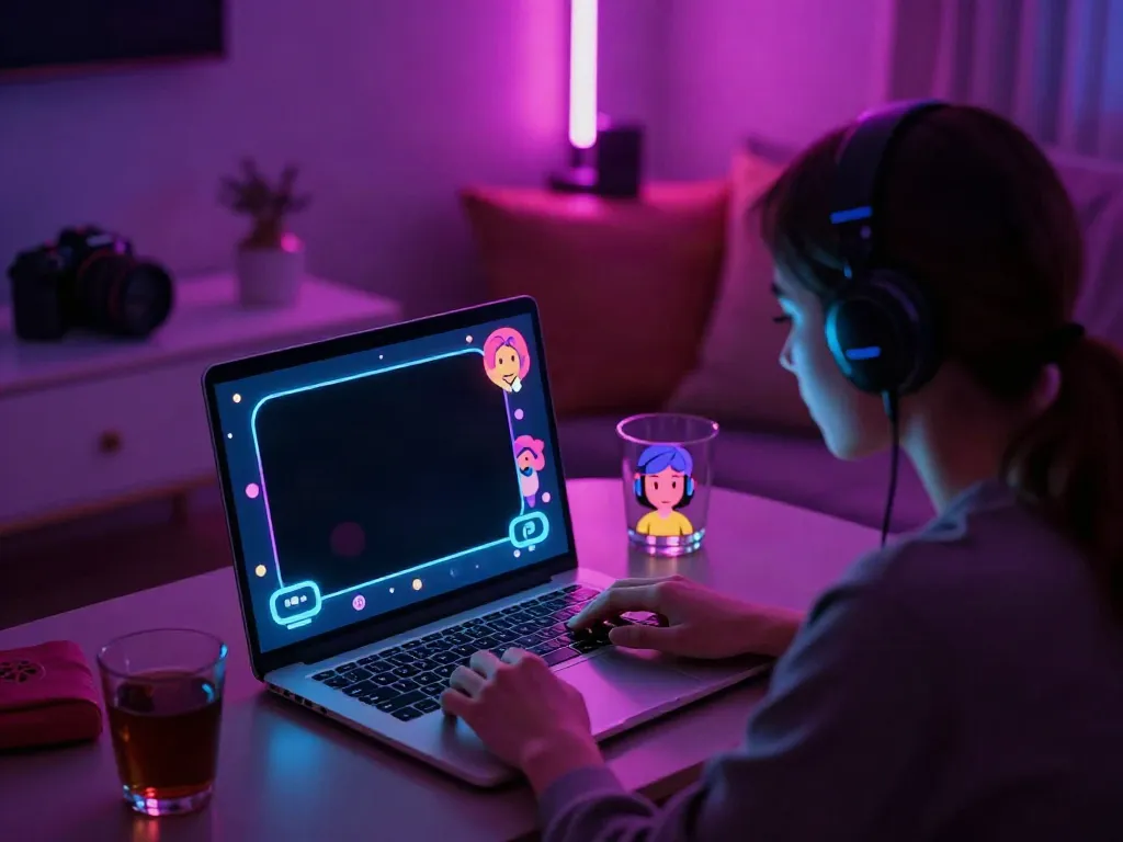 Engaging in ai sex chat on a laptop in a cozy, modern room.
