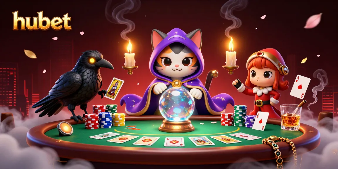 Engage with hubet’s vibrant poker scene featuring a mystic cat and a tarot raven.