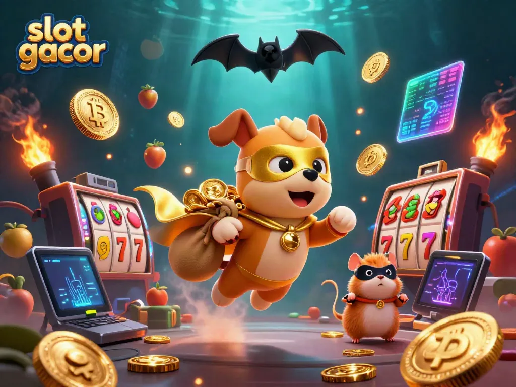 Spin and win at slot gacor, illustrated by a flying superhero dog carrying gold!