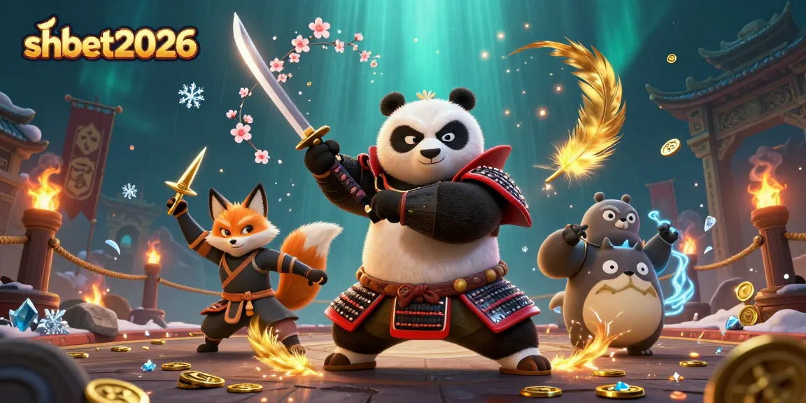 Experience thrilling action at shbet2026 with iconic samurai panda and ninja fox in a vibrant casino scene.