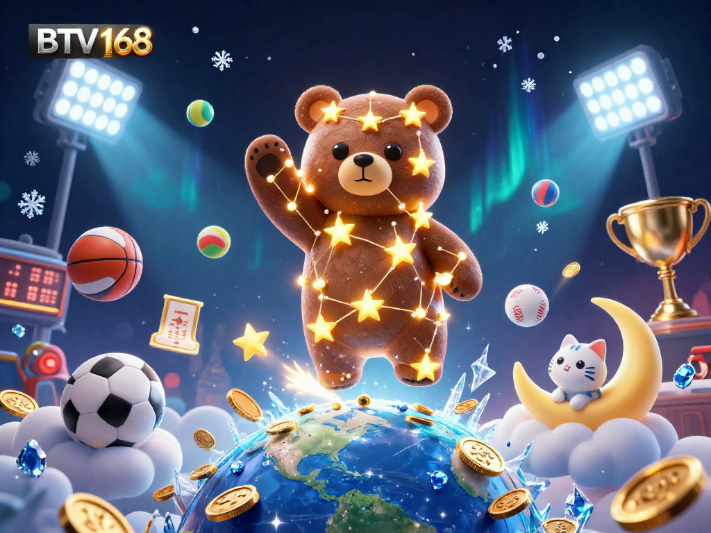 Engage with BTV168 while watching a 3D constellation bear collecting coins amid vibrant gambling elements.