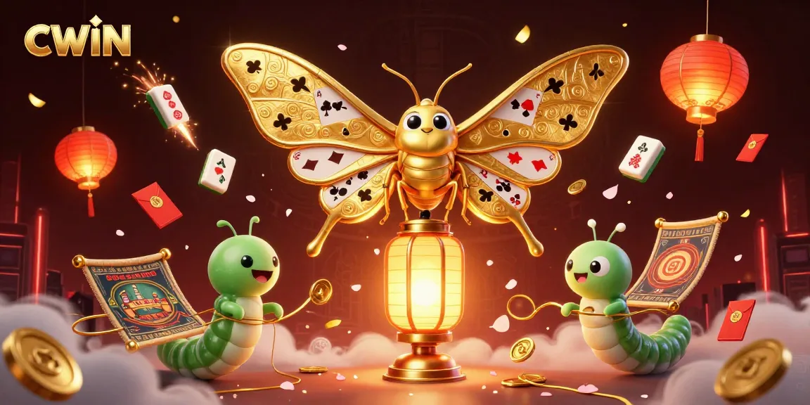 CWIN showcases an enchanting 3D illustration of a golden-winged moth amid casino treasures, enhancing your gaming adventures.