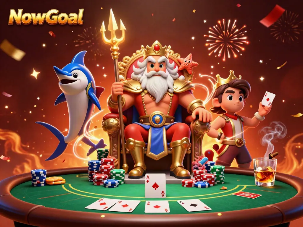 Experience the thrill of NowGoal with Neptune and his gaming companions amid a burst of poker excitement.