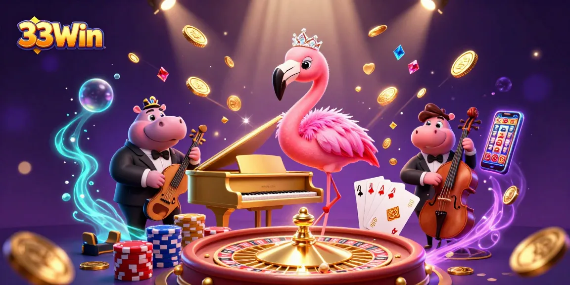 Winning big at 33Win's vibrant casino with colorful characters and dazzling effects.