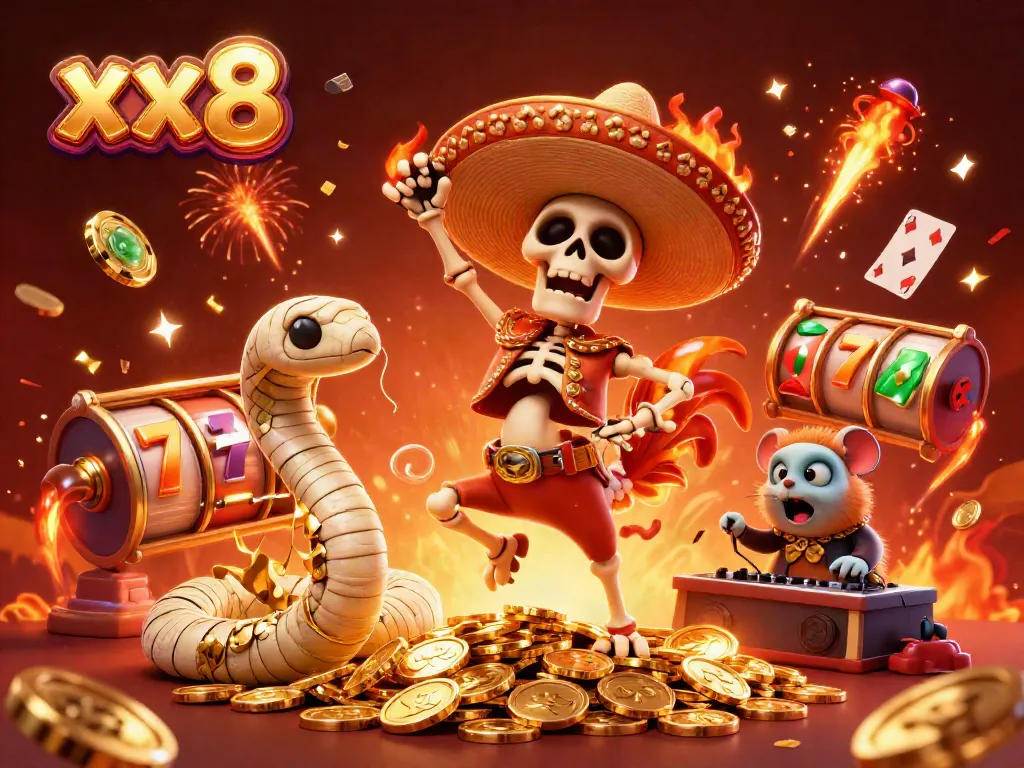 Experience winning at xx8 with colorful characters celebrating on a jackpot of coins.