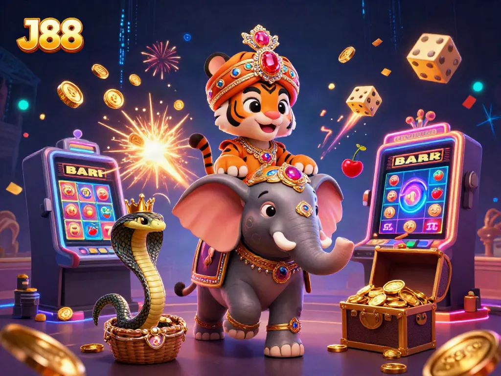 J88 showcases excitement with a 3D cartoon tiger and elephant amidst casino jackpots and game elements.