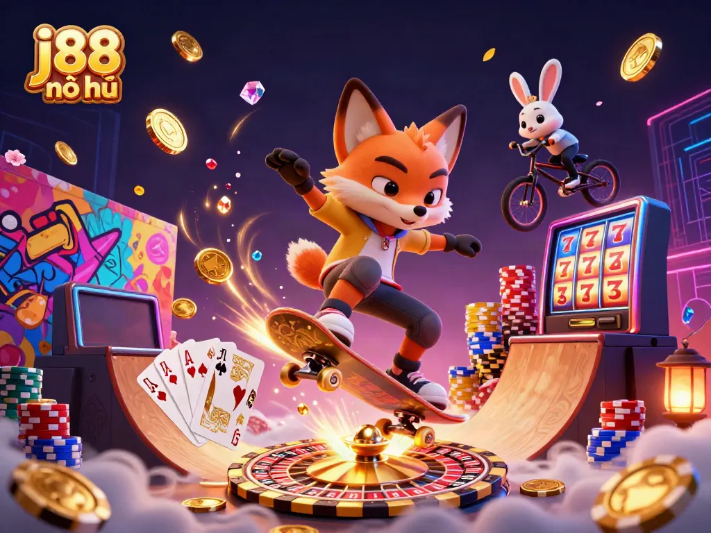 Experience j88 nổ hũ with a thrilling 3D scene of a skateboarder fox and BMX rabbit in a casino setting.