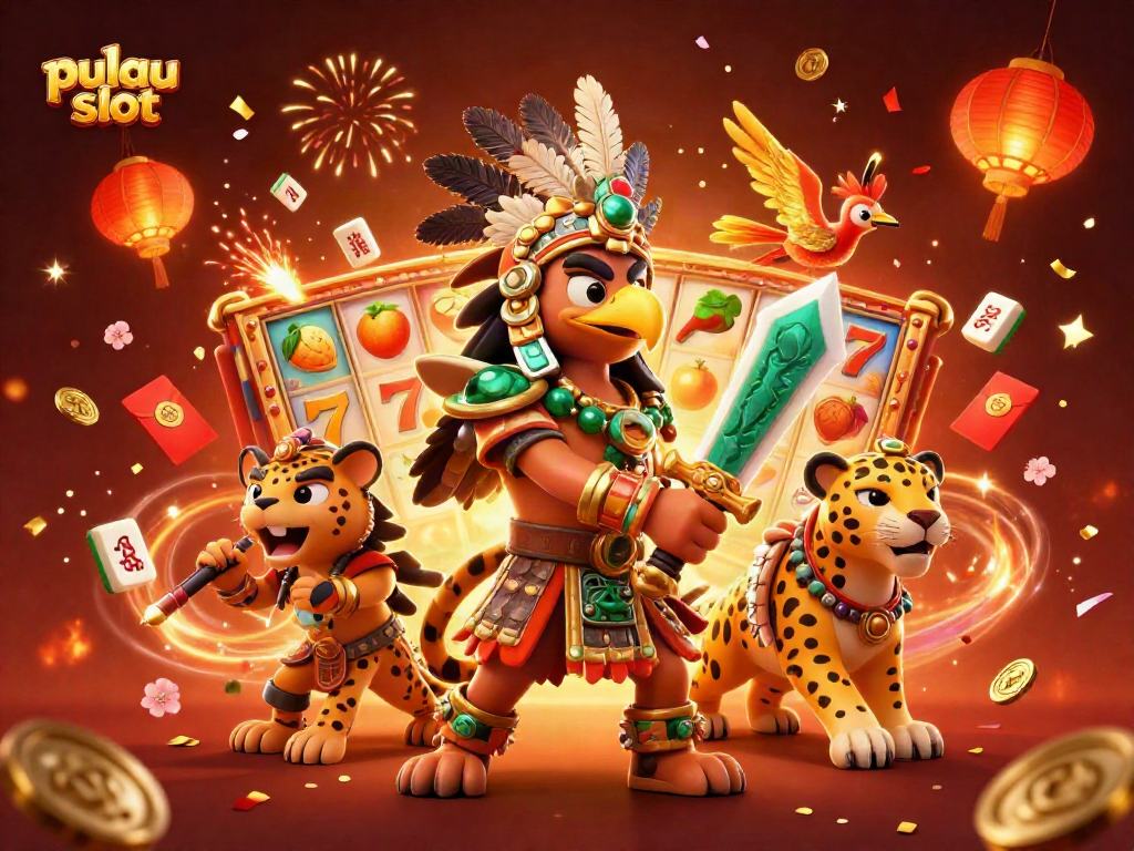 Engage in exciting gameplay with pulau slot featuring Aztec warriors, slot reels, and festive decorations.