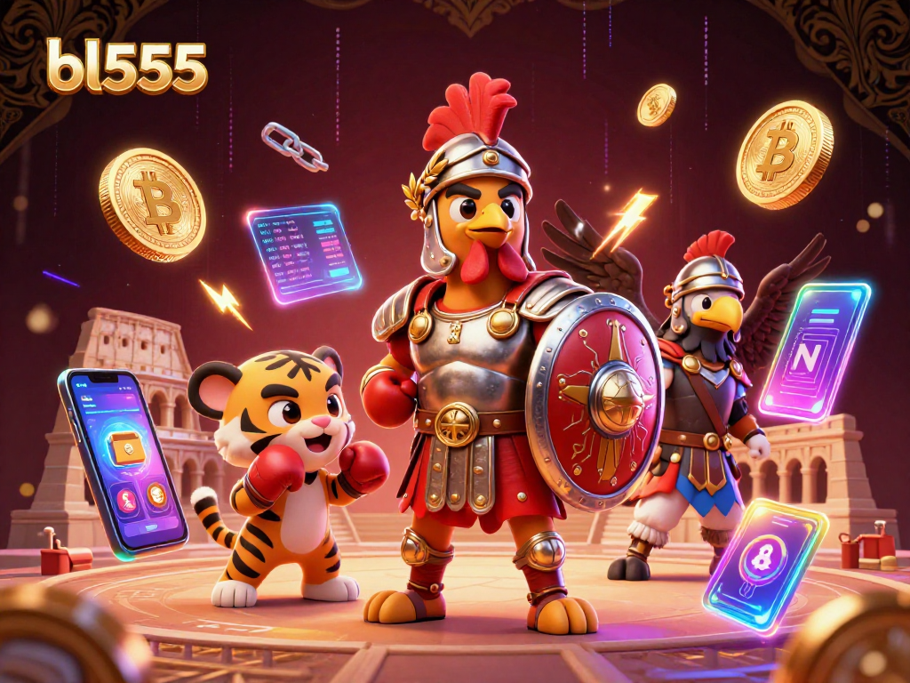 Try your luck with bl555 at this exciting 3D illustration of a cartoon gladiator rooster amidst digital gambling elements.
