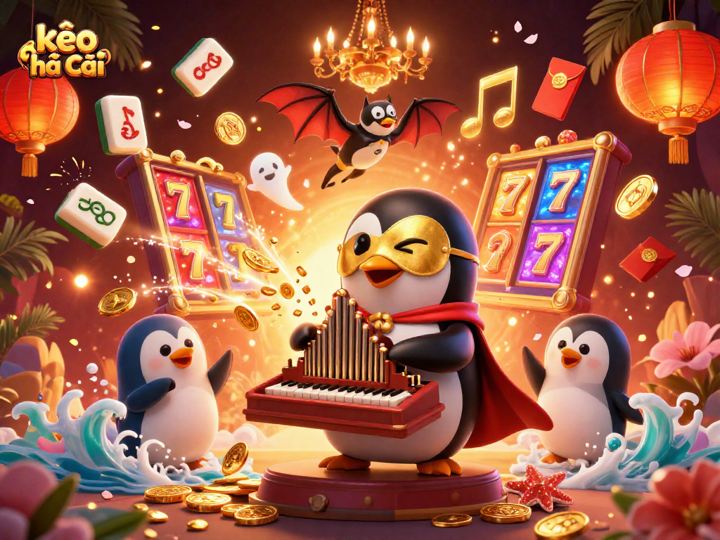 Experience exciting gameplay dynamics with kèo nhà cái, featuring a whimsical casino scene full of festive treasures.