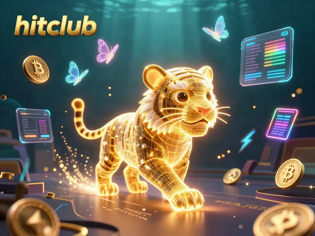 Engage with hitclub's vibrant digital casino scene featuring a neon golden tiger amid cryptocurrency elements.
