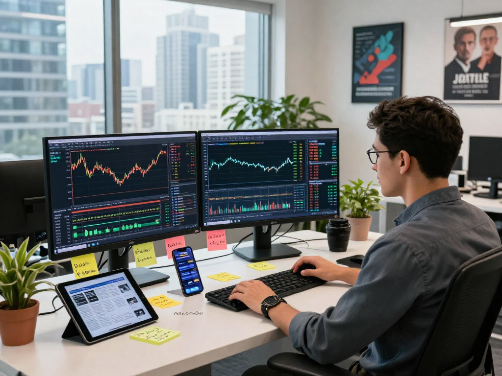 Trader using MetaTrader 5 for forex analysis in a modern financial office