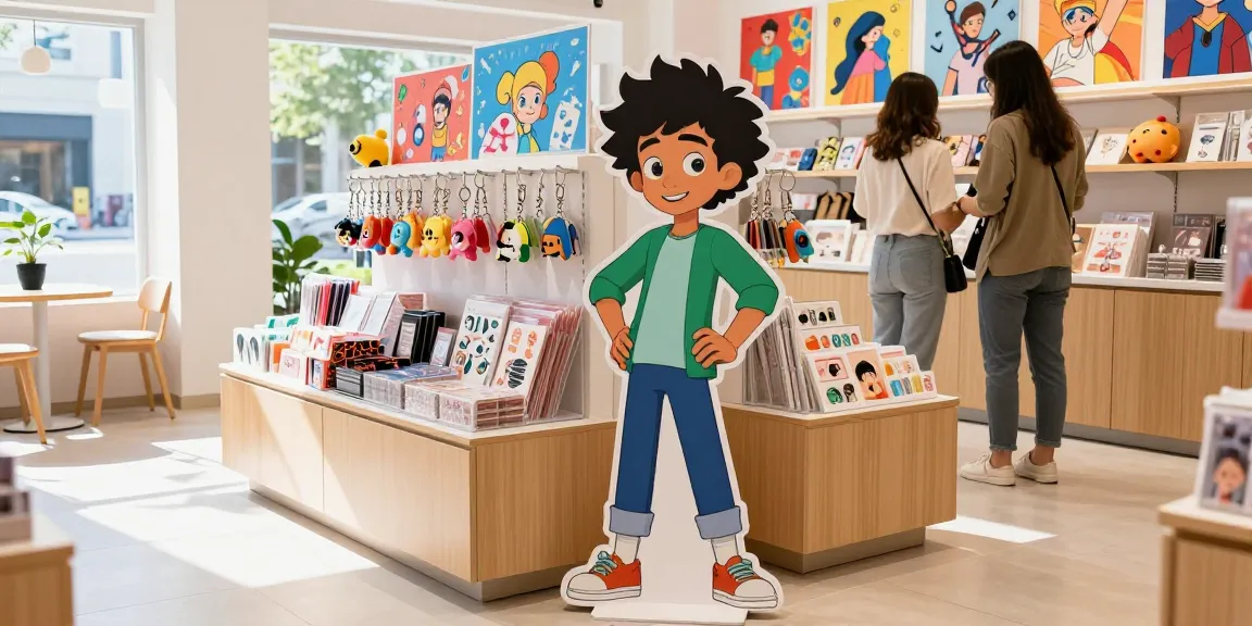 Custom acrylic standee showcasing popular animated character in trendy retail shop with vibrant merchandise.
