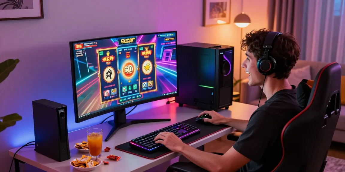 Engaging gamer experiencing slot gacor in a vibrant living room setup.
