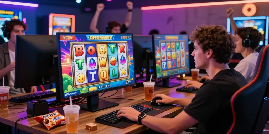 Player enjoying slot resmi games in a vibrant gaming setup, showcasing excitement and engagement.