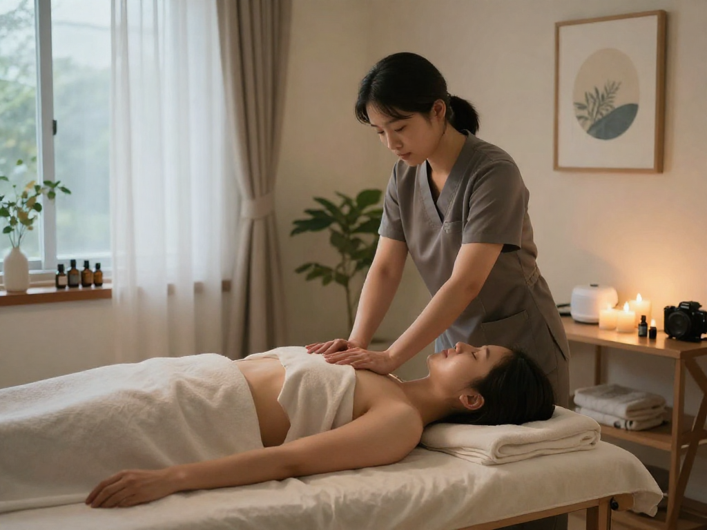 Relaxing 판교출장마사지 service in a serene home environment with soothing decorations and calming light.