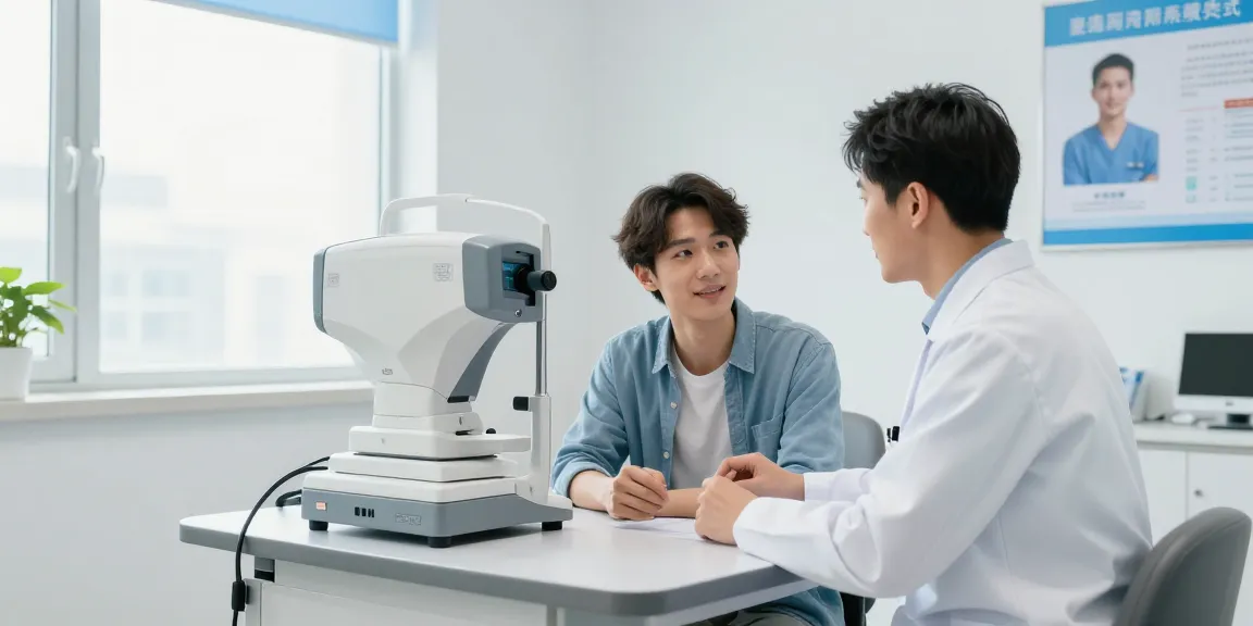Patient consulting about lasik lasers at a modern eye clinic, showcasing advanced technology.